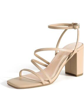 DREAM PAIRS Women's Nude High Heels Chunky Block Strappy Square Open Toe Ankle